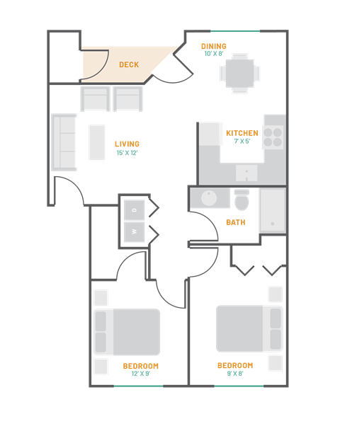 Floor plan for 2 beds, 1 bath, 901 sqft